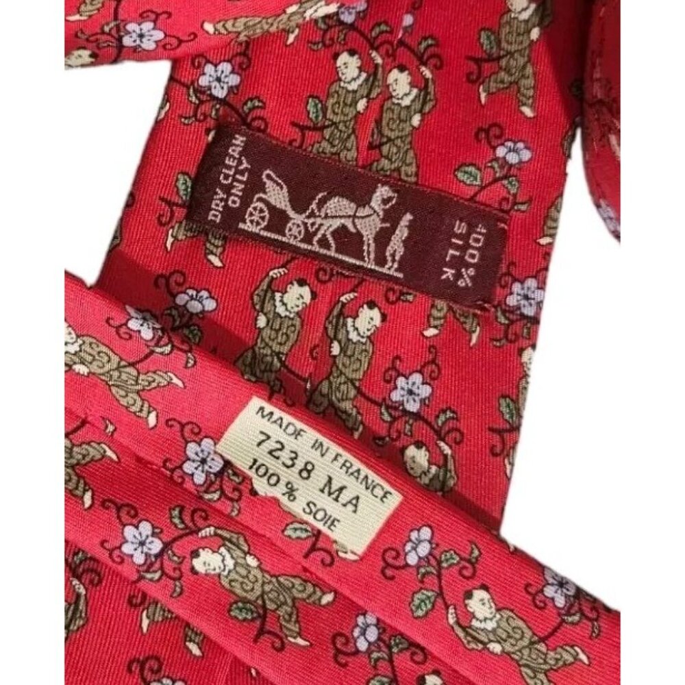 HERMÈS 7238 MA Rare Silk Tie FRANCE Red Asiatic Man Floral W:3.4" EUC - Picture 2 of 4